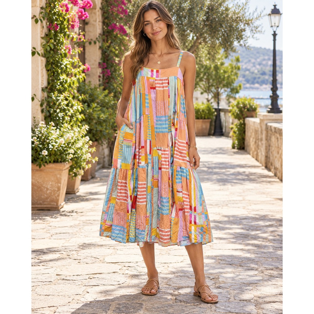 Abel The Label Summer Floral Bright Dress Linerless Sleeveless Midi Medium EUC